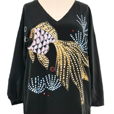 Black Embellished Painted Fish Silk Top