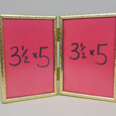 Vintage Hinged Double Picture Frame - Gold Tone Metal w/ Non-Glare Glass - Holds Two 3 1/2