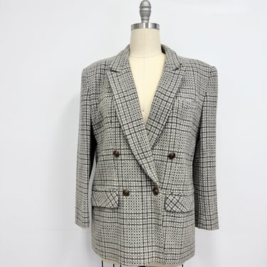 Vintage 80s Double Breasted Blazer| Shades of Gray Plaid | Womens Size 12 