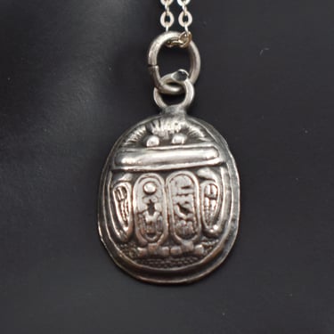 20's Egyptian Revival sterling oval scarab cartouche pendant, detailed 925 silver hieroglyphics beetle necklace 
