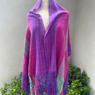 Vintage Mexican boho rebozo shawl wrap purples striped with fringe 