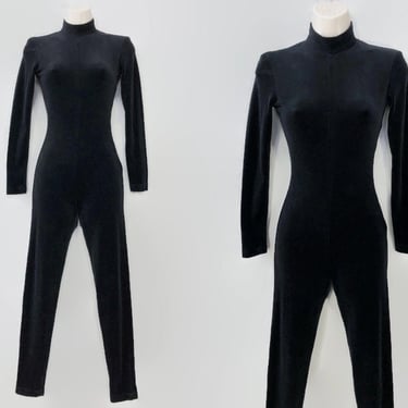VINTAGE 80s Sexy Black Velour Catsuit By Contempo Casuals | 1980s Velvet Mock Neck Jumpsuit Bodysuit | VFG 
