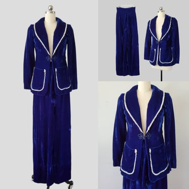 1960s Blue Velvet Pantsuit with Jacket and High Waist Pants 60s Women's Suit 60's Women's Vintage Size XS / Small 