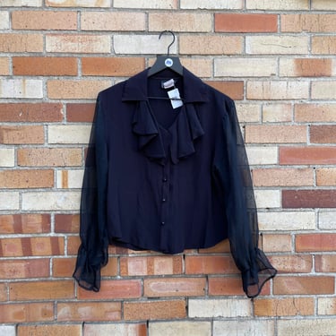 vintage 90s black sheer sleeve ruffle blouse / m medium 