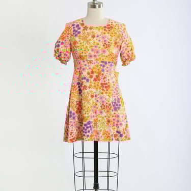Vintage 1960s Neon floral barkcloth mini dress 