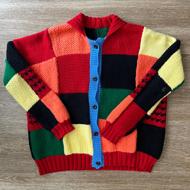 Vintage Hand Knitted Color Block Cardigan Sweater With Collar 