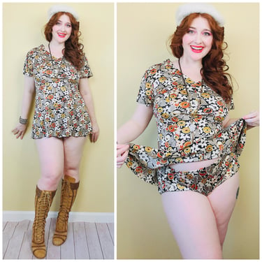 1970s Vintage Brown Floral Nylon Sizzler Set / 70s Flower Power Mod Mini Dress With Matching Hot Pants / XL 