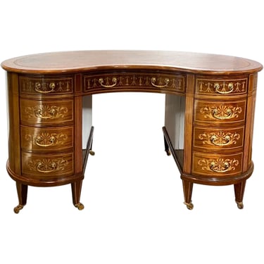 English Maple & Co. Edwardian Rosewood, Satinwood Inlaid Kidney Desk