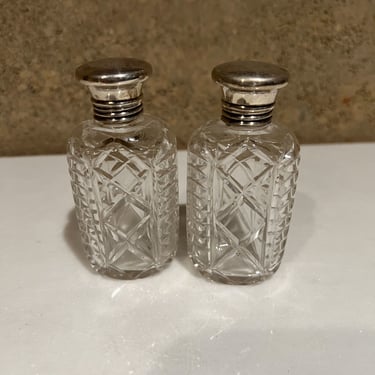 1940s Elegant Antique Vanity Bottle Jars in Cut Glass Silver Plated Lids 