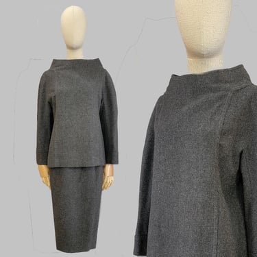 1960s Anne Klein Set / 1960s Daywear / Gray Wool Skirt and Top / 1960s Suit / Early Label / Size Small 