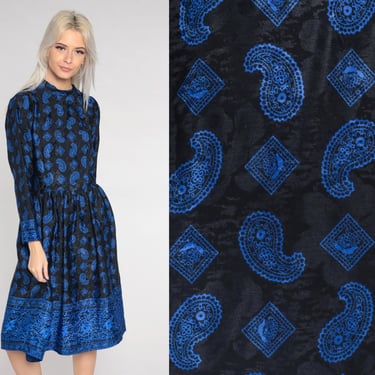 Paisley Dress 80s Black Blue Midi Dress Long Sleeve Mock Neck High Waisted Secretary Dress Geometric Print Modest Vintage 1980s Small S 
