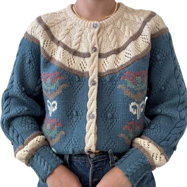 Vintage Hand Knit 100% Wool Cottagecore Bohemian Floral Cable Chunky Cardigan M 