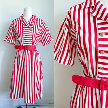 50% OFF...last call // Vintage 1980s Red & White Striped Shirt Dress / M 