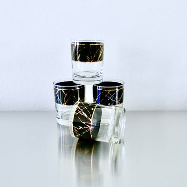 Set of 4 Vintage Georges Briard 80s Black and 22K Rocks Glasses, Retro Banded Marble Look Whiskey Glasses, 80s Double Old Fashioned Glasses 