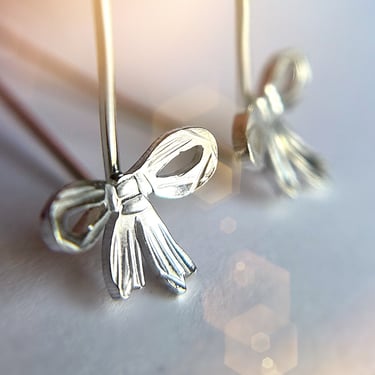 Tiny Bow Threader Earrings Ribbon Threader  Earrings in Silver or Gold Gift for Her Bow Earrings Ribbon Earrings Bow Hoop Earrings Bow studs 