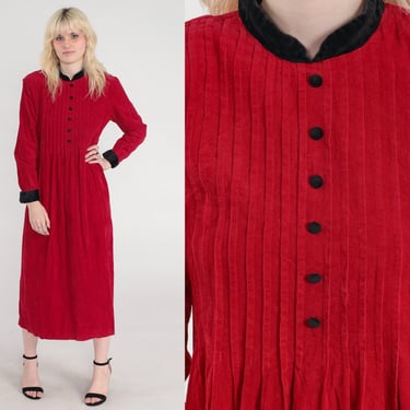 Red Corduroy Dress 90s Midi Button Up Dress High Waisted Long Sleeve Black Velvet Collar Retro Pleated Plain Vintage 1990s Large 12 Petite 
