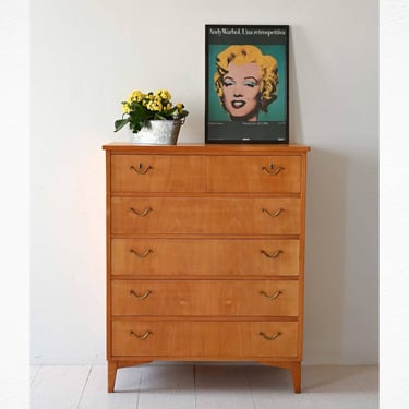 Vintage Scandinavian Chest of Drawers with Lockable Drawer and Brass Handles, 5-Drawer Wood Dresser 