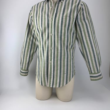 Early 1960's Striped Shirt - Buttondown Collar, Locker Loop & Tails - All Cotton - Mod Preppy Styling - Men's Tailored Medium 