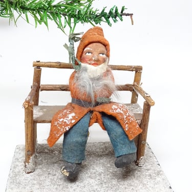 Antique 1940's German Santa on Twig Bench, Hand Painted Clay Face Santa, Fur Beard, Vintage Holiday Decor 