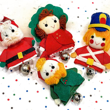 VINTAGE: 1983 - 4pcs - Fabric Ornaments With Bell by R Dankin & Co - Crafts - Made on Taiwan - Holiday, Christmas, Xmas 