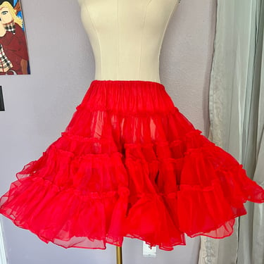 Vintage Bright Red Petticoat, Tiers, Tulle Netting, Chiffon, Ruffles, Swing, Square Dance, Rockabilly Pin Up, Slip Lingerie 