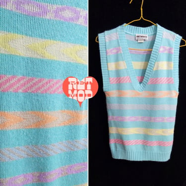 Happy Vintage 70s 80s Minty Colorful Pastel Patterned Stripe Sweater Vest 