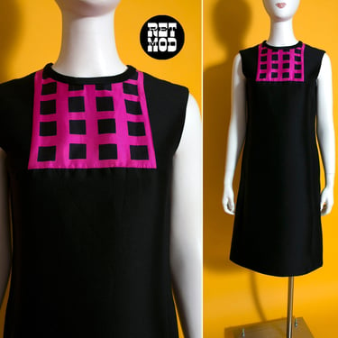 Pierre Cardin Vibes - Vintage 60s Black Silk Blend Shift Dress with Pink Grid Bib Design 