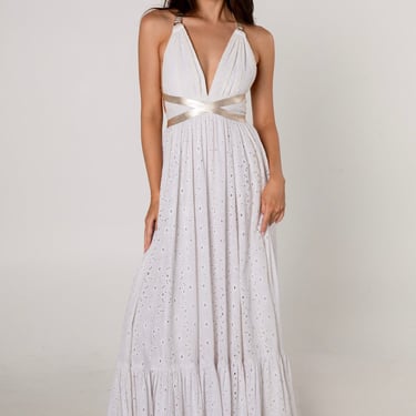 White Cotton Eyelet Halter Maxi Dress
