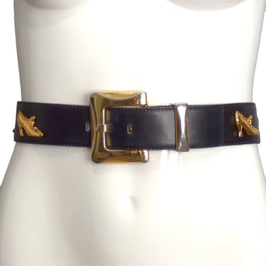 ESCADA- 1990s Black Leather Shoe Belt, Size 40