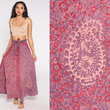Maxi Wrap Skirt Indian Floral Skirt Red Purple Boho Hippie Skirt 90s Paisley Bohemian Skirt Vintage Long Festival Small Medium Large 