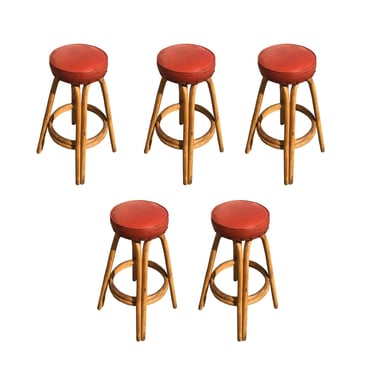 Restored arched Rattan Bar Stools w/ Studded Nailhead Red Seats, Set of 5 