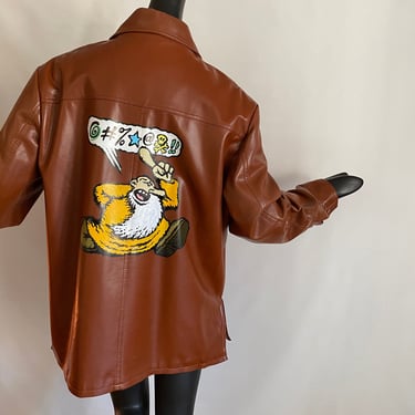 Vintage 70s "Mr. Natural" Robert Crumb Men's Jacket! | Keep On Trucking Comic Adult Book Artist R. Crumb | Leather Look Vinyl | Hippie Man L 