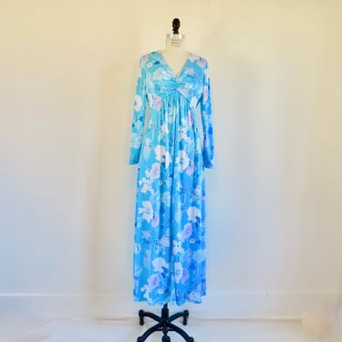1970's Turquoise Aqua Blue Floral Jersey Knit Maxi Dress Long Sleeves Hostess Gown 70's Spring Summer Resort Hippie Boho Size Medium Large 