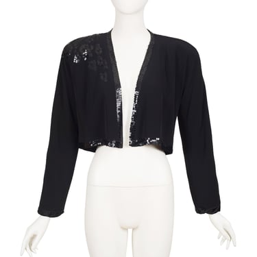 Emmanuelle Khanh 1980s Vintage Black Crepe Sequin Trim Bolero Jacket Sz S 