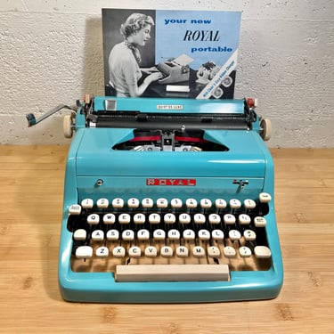 Teal 1956 Royal Quiet Deluxe Portable Typewriter with Case, Key, New Ribbon, Owner's Manual, Extras 