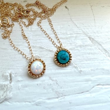 Gemstone Pendant 14k Gold-fill Beaded Border Pendant with Turquoise or Opal 