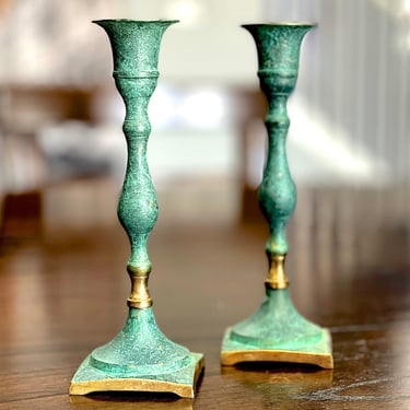 VINTAGE: 2pcs - Brass Patina Enameled Candle Holder - Candles - Green Patina - Table Decor - SKU 