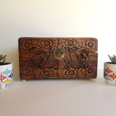 Carved Wooden Box - Vintage Asian Inspired Carved 