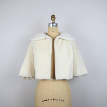 Vintage 1950s faux fur cropped jacket, shrug, capelet, winter white, s-m 