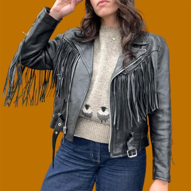 Vintage Leather Motorcycle Jacket Retro 1980s RGC + Size 16 + Genuine Leather + Fringe + Black + Moto + Cold Weather + Womens Apparel 