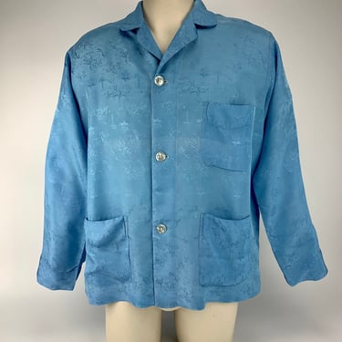 1940'S-50'S Pajama Lounge Shirt - Fox Hunt Novelty Print - Brocade Rayon Fabric -Old Hollywood Style - Mens Size Medium to Large 