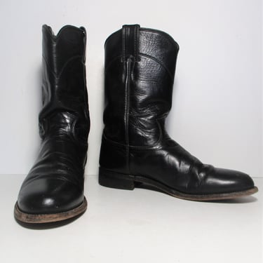 Vintage 1980s Justin Roper Cowboy Boots, Black Leather, Size 8B Women 