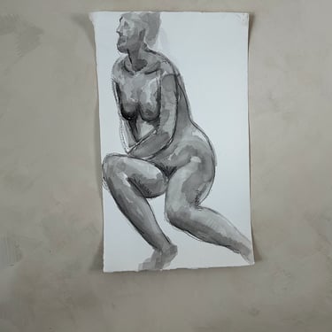 Vintage Original Painting Vertical Black And White Grey Abstract Female Woman Nude, Gouche Watercolor Charcoal Painting 