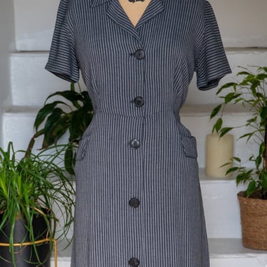 1950s Rayon Wool Blend Grey Striped Day Dress Vintage 42 Bust Vintage 