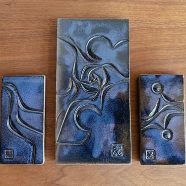 Vintage Paolo Soleri tiles / set of 3 rectangular blue Cosanti ceramic tiles 