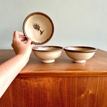 Vintage small bowls by Wendt Pottery of Idaho, set of 3 / floral cream-color handmade dishes / soup, dessert or fruit bowls 