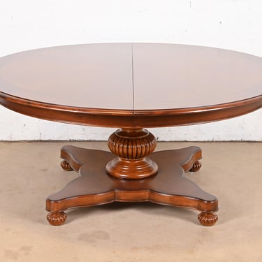 Baker Furniture Italian Empire Banded Cherry Wood Pedestal Extension Dining Table, Newly Refinished