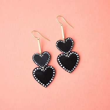 Tiered Spangled Black Heart Earrings - Sustainable Minimalist Leather Valentine Earrings 