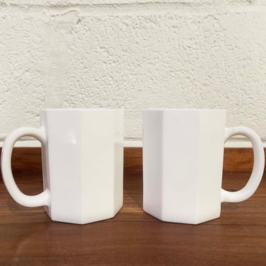 Vintage White Glass Mugs Set Pair Two Mug Coffee Milk Octagon Minimal Minimalist French Design France Wedding Prop 1980s 