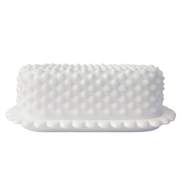 Vintage Milk Glass Butter Dish / Fenton White Hobnail Butter Dish / Scallop Edge Mid Century Covered Butter Plate 